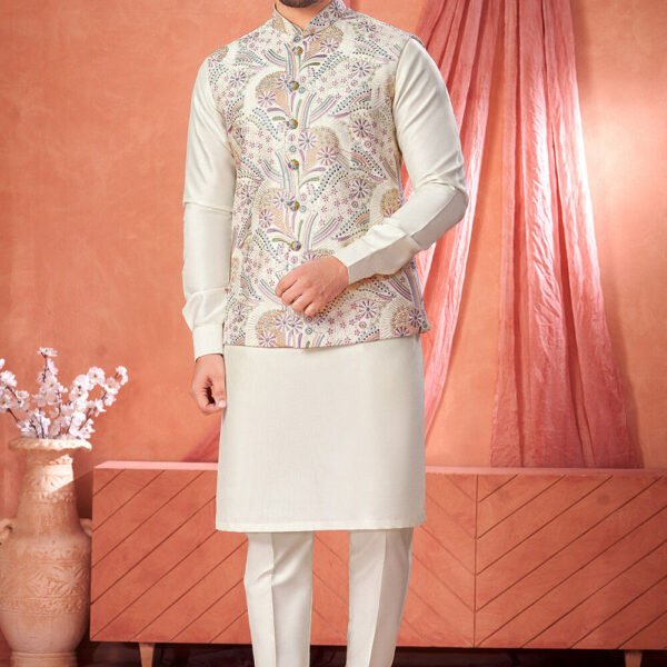 Embroidered Art Silk Kurta Set in Cream