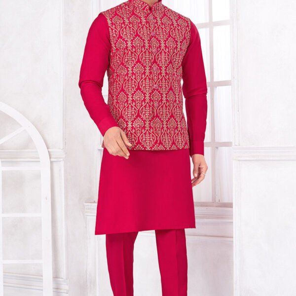 Embroidered Art Silk Kurta Set in Fuchsia