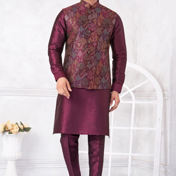 Embroidered Art Silk Kurta Set in Purple